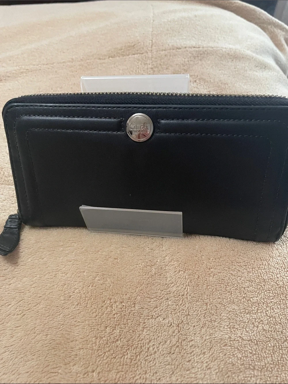Coach Black Leather Zip Wallet with Silver Logo Button